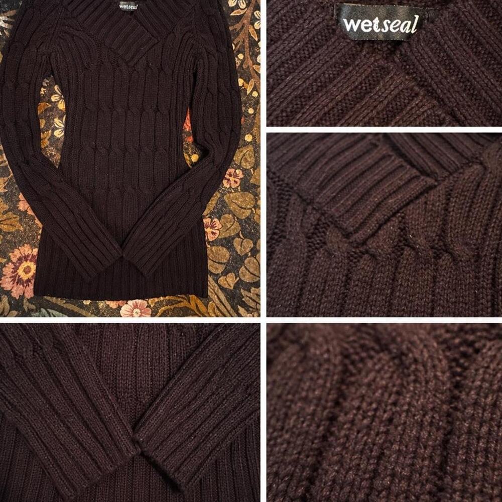 Wet Seal Brown Cable Knit Sweater Ribbed V Neck Cozy Y2K Inspired Top